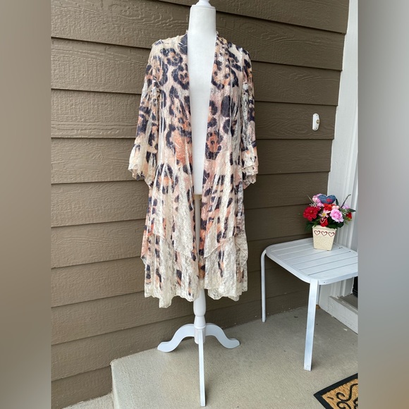 ORIGAMI cardigan TUNIC SWEATER S/M/ L XL vtg LEOPARD ANIMAL PRINT LACE BOHEMIAN - Picture 2 of 15